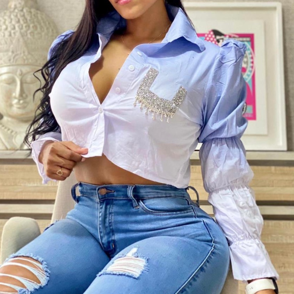 Cropped Tie Front Button Blouse Color Gradient